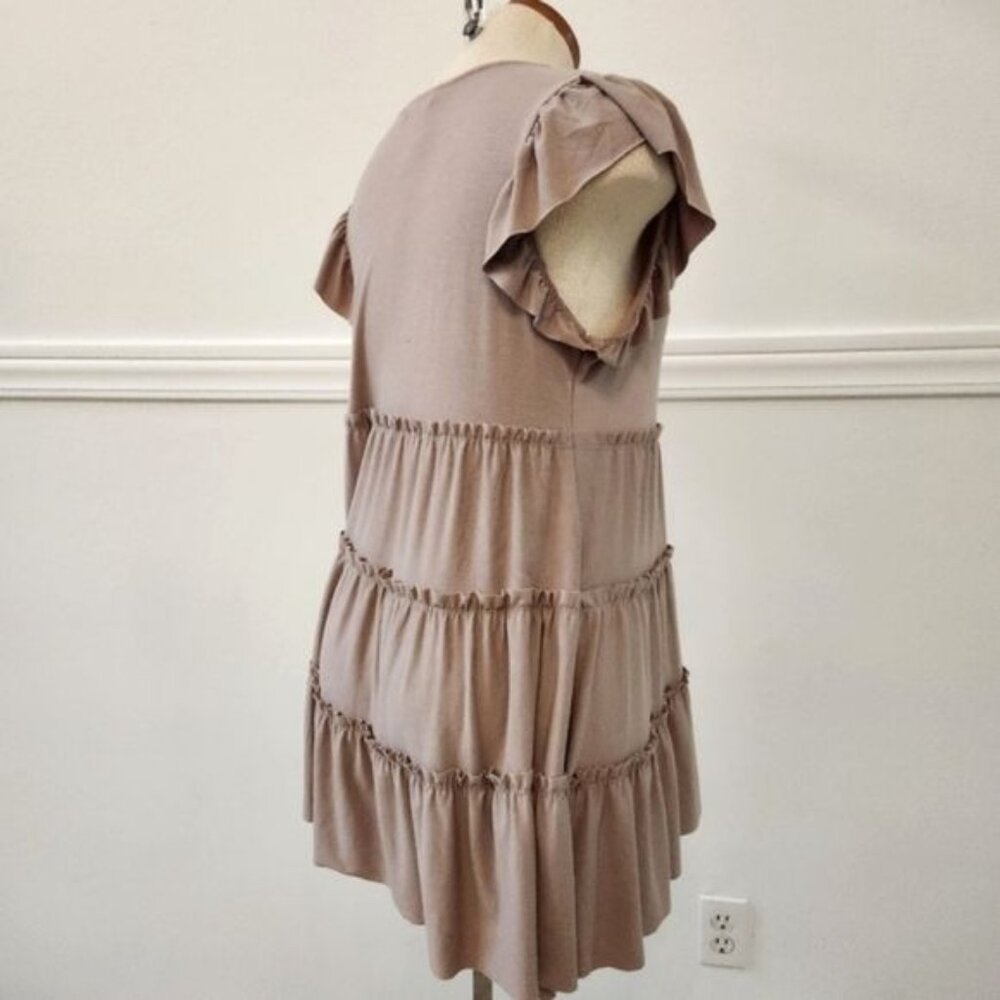 Zenana Ash Mocha Tiered Mini Dress Flutter Sleeve Tan Sleeveless Size Medium - Picture 4 of 12